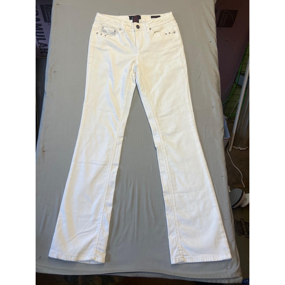 Earl Jean Womens White Rhinestone Embellished Low Rise Bootcut Jeans Size 4